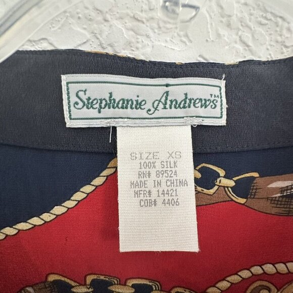 Vtg Stephanie Andrews 100% Silk Navy Red Button Dwn Blouse XS Corpcore Old Money - Picture 9 of 9
